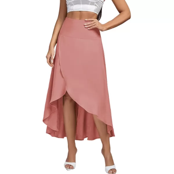 LYANER Women's Elastic Waist Split Slit Wrap Draped Ruffle Asymmetrical Hem Flare Maxi Skirt