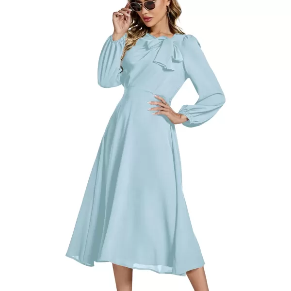 LYANER Women's Elegant Bow Tie Crew Neck Puff Long Sleeve A-Line Swing Midi Dress