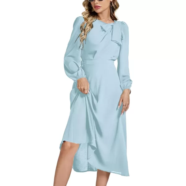 LYANER Women's Elegant Bow Tie Crew Neck Puff Long Sleeve A-Line Swing Midi Dress