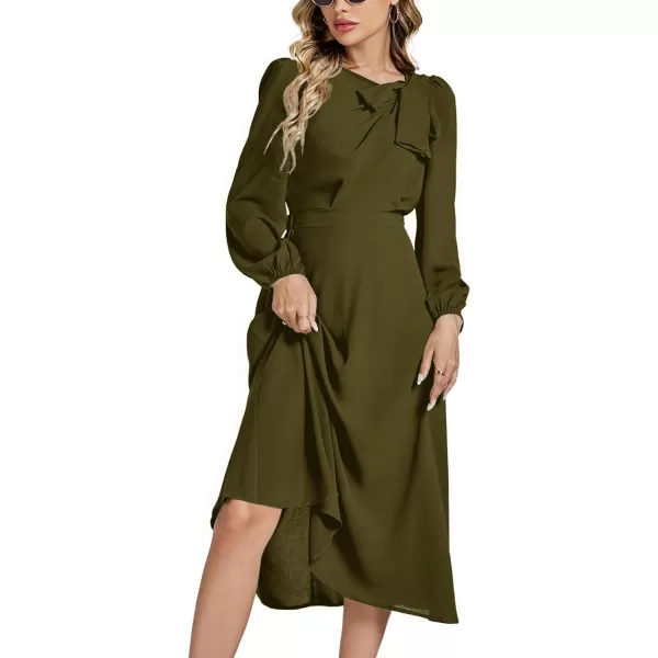 LYANER Women's Elegant Bow Tie Crew Neck Puff Long Sleeve A-Line Swing Midi Dress