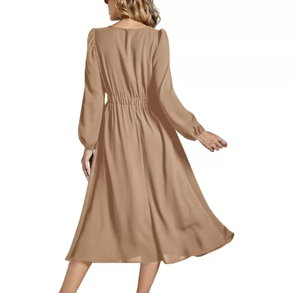 LYANER Women's Elegant Bow Tie Crew Neck Puff Long Sleeve A-Line Swing Midi Dress