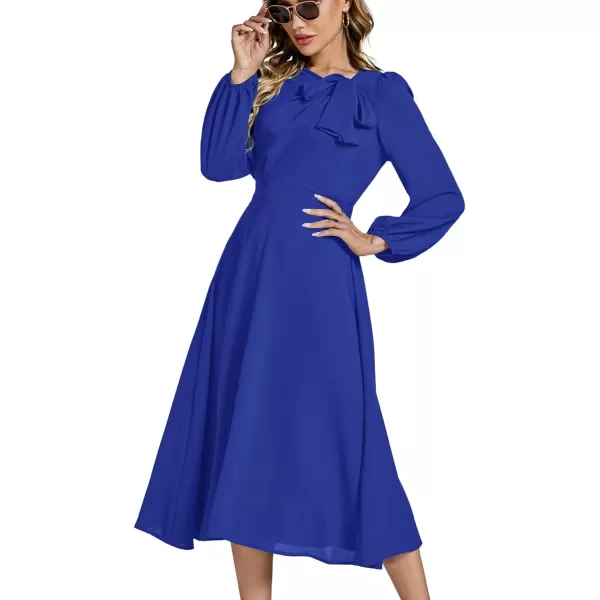 LYANER Women's Elegant Bow Tie Crew Neck Puff Long Sleeve A-Line Swing Midi Dress