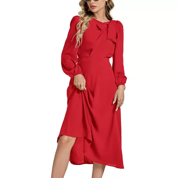 LYANER Women's Elegant Bow Tie Crew Neck Puff Long Sleeve A-Line Swing Midi Dress
