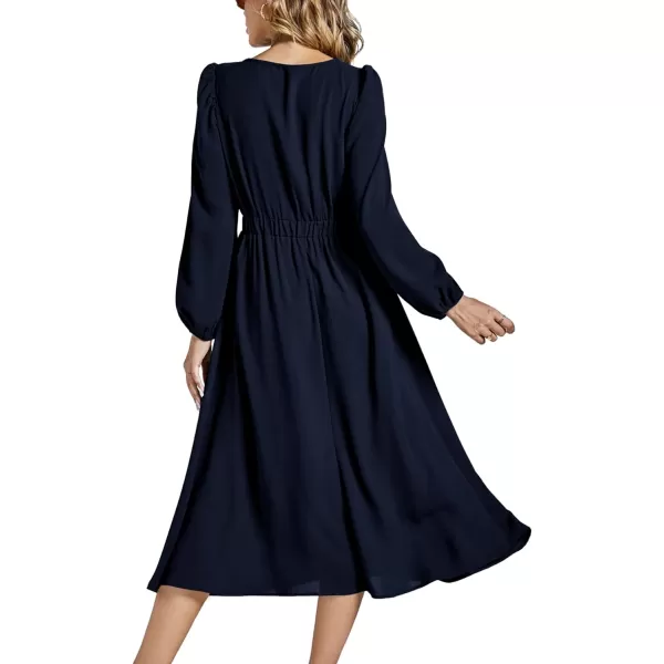 LYANER Women's Elegant Bow Tie Crew Neck Puff Long Sleeve A-Line Swing Midi Dress