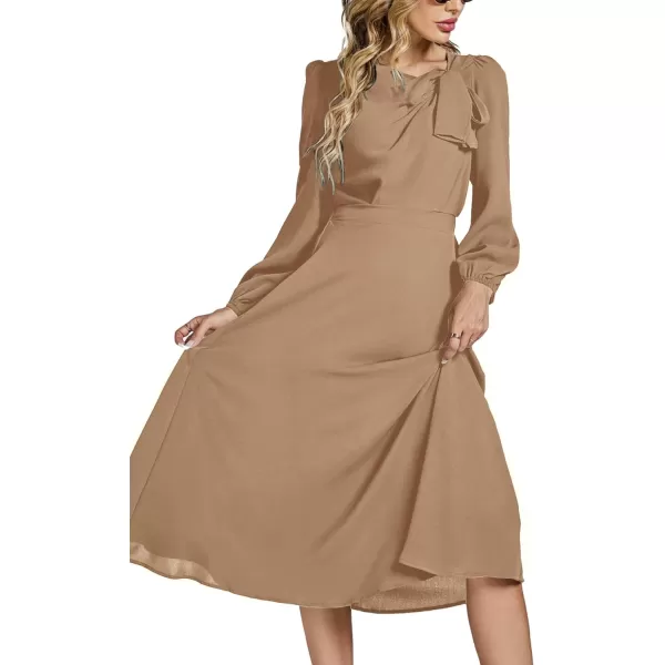 LYANER Women's Elegant Bow Tie Crew Neck Puff Long Sleeve A-Line Swing Midi Dress