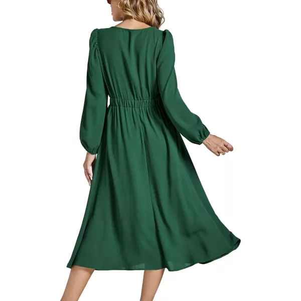 LYANER Women's Elegant Bow Tie Crew Neck Puff Long Sleeve A-Line Swing Midi Dress