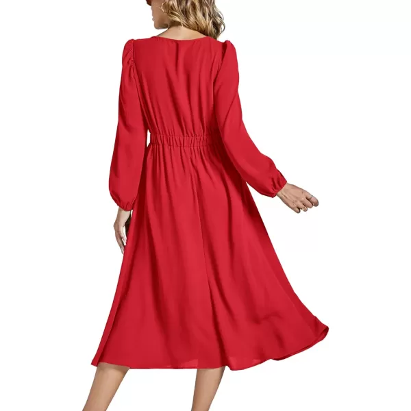 LYANER Women's Elegant Bow Tie Crew Neck Puff Long Sleeve A-Line Swing Midi Dress
