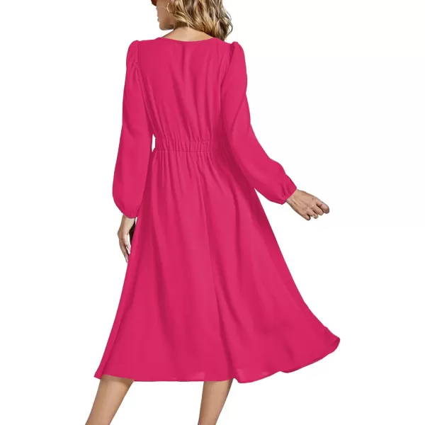 LYANER Women's Elegant Bow Tie Crew Neck Puff Long Sleeve A-Line Swing Midi Dress