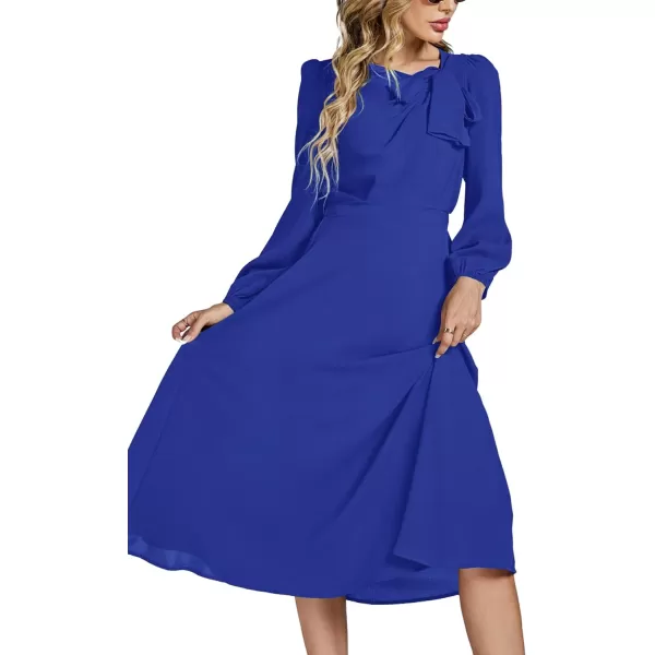 LYANER Women's Elegant Bow Tie Crew Neck Puff Long Sleeve A-Line Swing Midi Dress