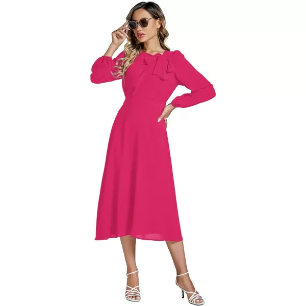 LYANER Women's Elegant Bow Tie Crew Neck Puff Long Sleeve A-Line Swing Midi Dress
