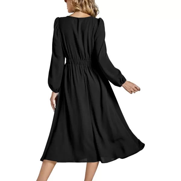 LYANER Women's Elegant Bow Tie Crew Neck Puff Long Sleeve A-Line Swing Midi Dress