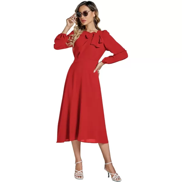 LYANER Women's Elegant Bow Tie Crew Neck Puff Long Sleeve A-Line Swing Midi Dress