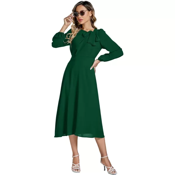 LYANER Women's Elegant Bow Tie Crew Neck Puff Long Sleeve A-Line Swing Midi Dress