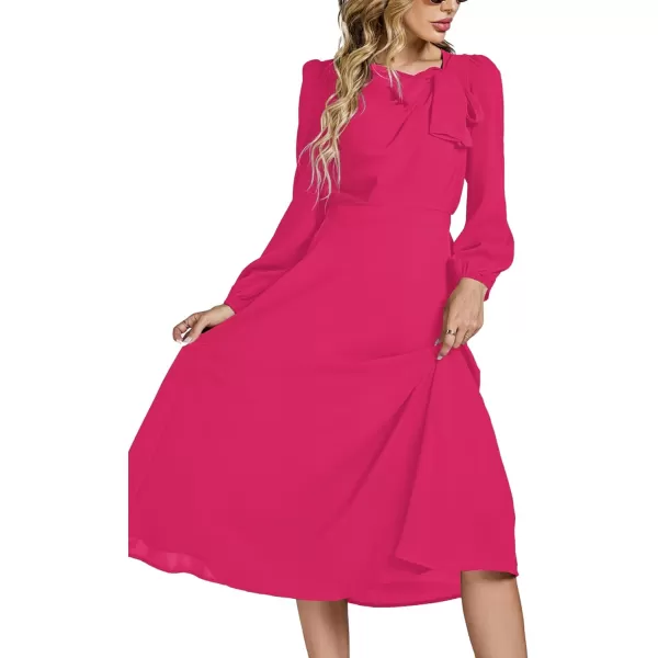 LYANER Women's Elegant Bow Tie Crew Neck Puff Long Sleeve A-Line Swing Midi Dress