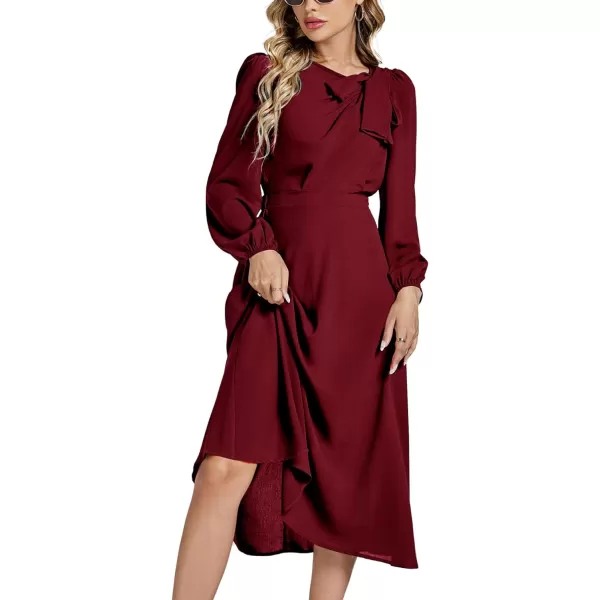 LYANER Women's Elegant Bow Tie Crew Neck Puff Long Sleeve A-Line Swing Midi Dress