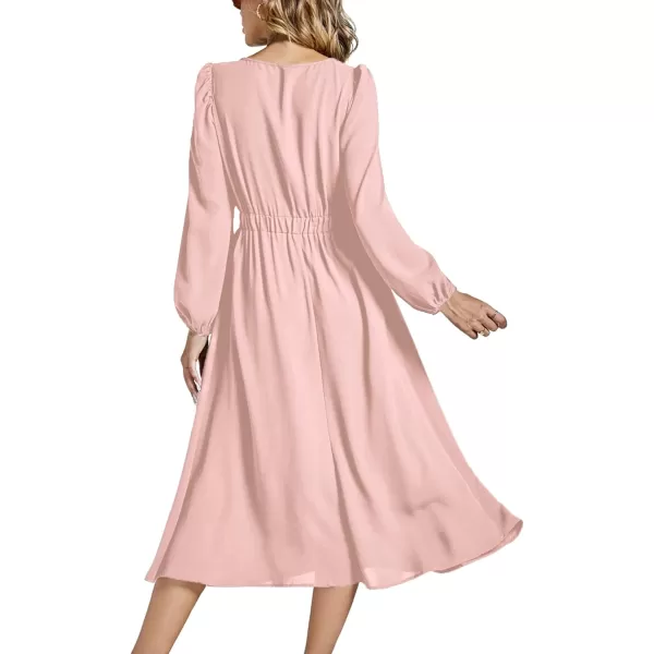 LYANER Women's Elegant Bow Tie Crew Neck Puff Long Sleeve A-Line Swing Midi Dress