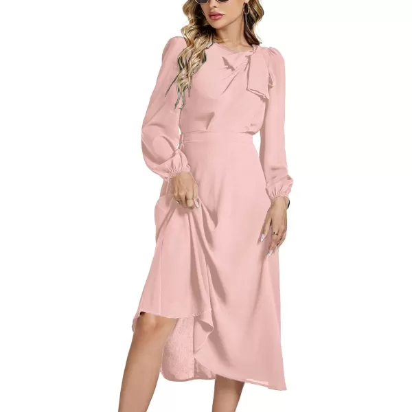 LYANER Women's Elegant Bow Tie Crew Neck Puff Long Sleeve A-Line Swing Midi Dress