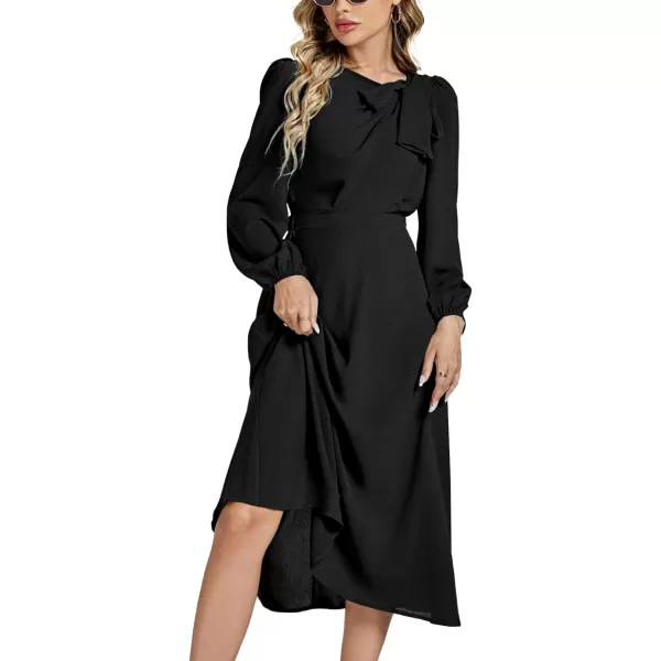 LYANER Women's Elegant Bow Tie Crew Neck Puff Long Sleeve A-Line Swing Midi Dress