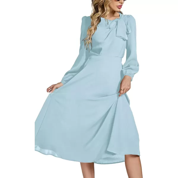 LYANER Women's Elegant Bow Tie Crew Neck Puff Long Sleeve A-Line Swing Midi Dress