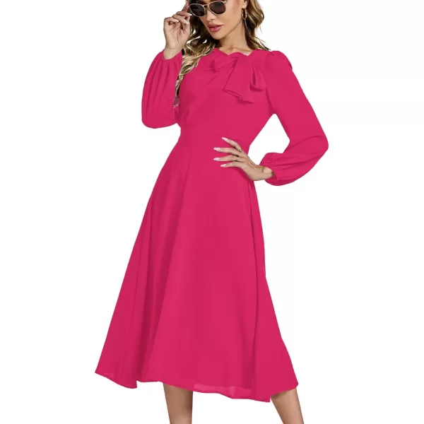 LYANER Women's Elegant Bow Tie Crew Neck Puff Long Sleeve A-Line Swing Midi Dress
