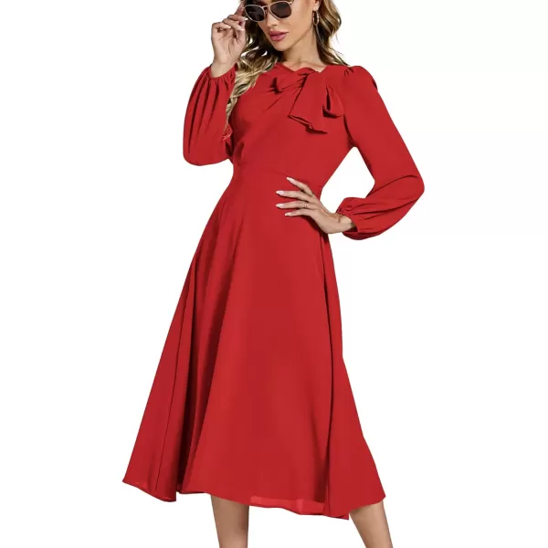LYANER Women's Elegant Bow Tie Crew Neck Puff Long Sleeve A-Line Swing Midi Dress