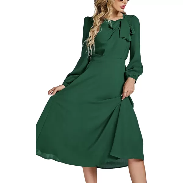 LYANER Women's Elegant Bow Tie Crew Neck Puff Long Sleeve A-Line Swing Midi Dress