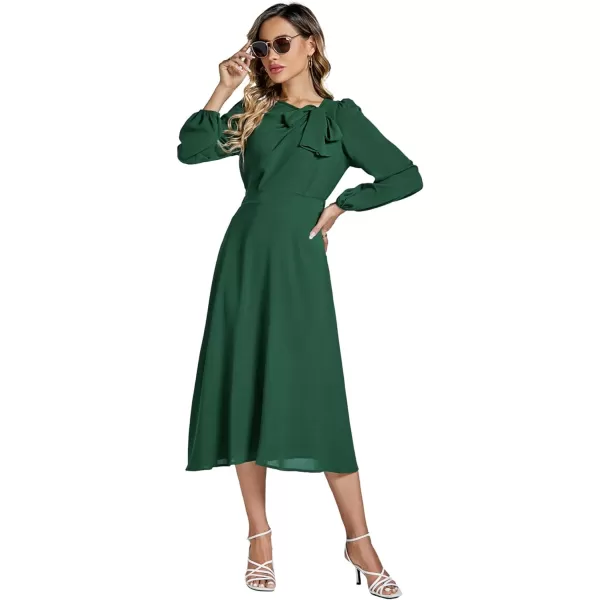 LYANER Women's Elegant Bow Tie Crew Neck Puff Long Sleeve A-Line Swing Midi Dress
