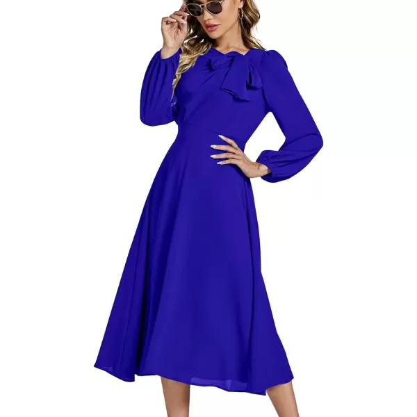 LYANER Women's Elegant Bow Tie Crew Neck Puff Long Sleeve A-Line Swing Midi Dress