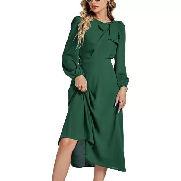 LYANER Women's Elegant Bow Tie Crew Neck Puff Long Sleeve A-Line Swing Midi Dress