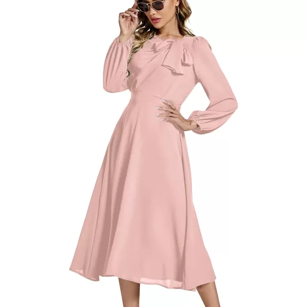 LYANER Women's Elegant Bow Tie Crew Neck Puff Long Sleeve A-Line Swing Midi Dress