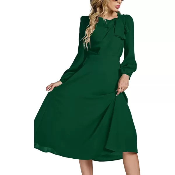 LYANER Women's Elegant Bow Tie Crew Neck Puff Long Sleeve A-Line Swing Midi Dress