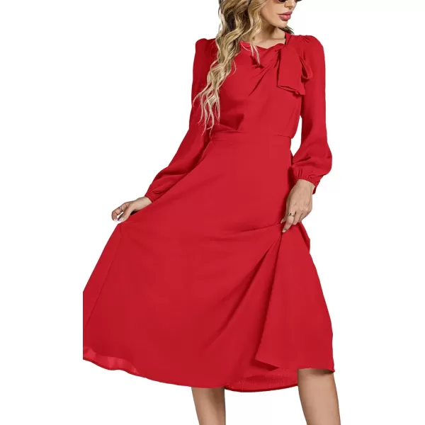LYANER Women's Elegant Bow Tie Crew Neck Puff Long Sleeve A-Line Swing Midi Dress