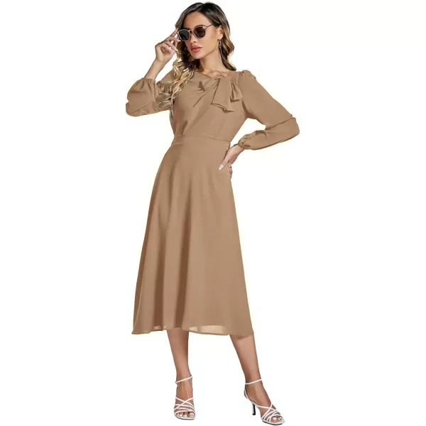 LYANER Women's Elegant Bow Tie Crew Neck Puff Long Sleeve A-Line Swing Midi Dress