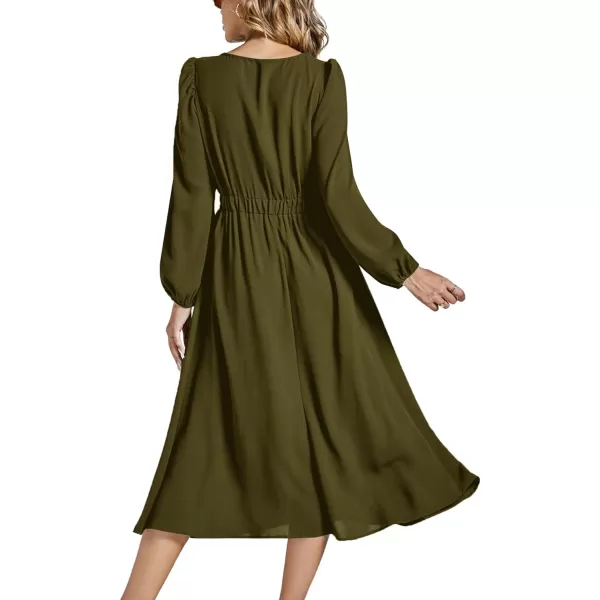 LYANER Women's Elegant Bow Tie Crew Neck Puff Long Sleeve A-Line Swing Midi Dress