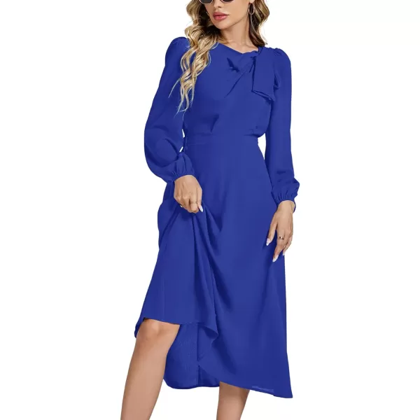 LYANER Women's Elegant Bow Tie Crew Neck Puff Long Sleeve A-Line Swing Midi Dress