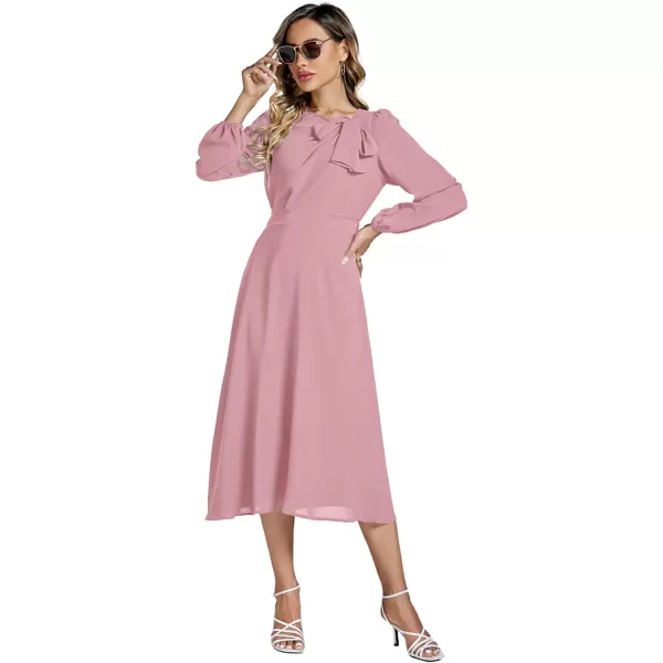 LYANER Women's Elegant Bow Tie Crew Neck Puff Long Sleeve A-Line Swing Midi Dress