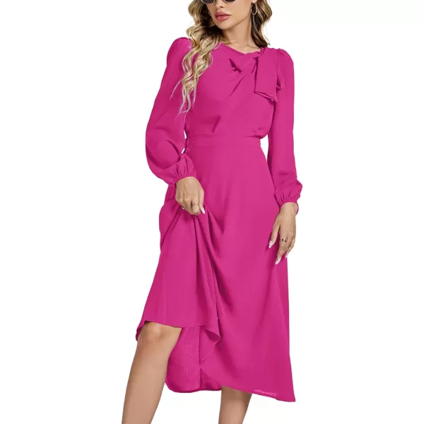 LYANER Women's Elegant Bow Tie Crew Neck Puff Long Sleeve A-Line Swing Midi Dress