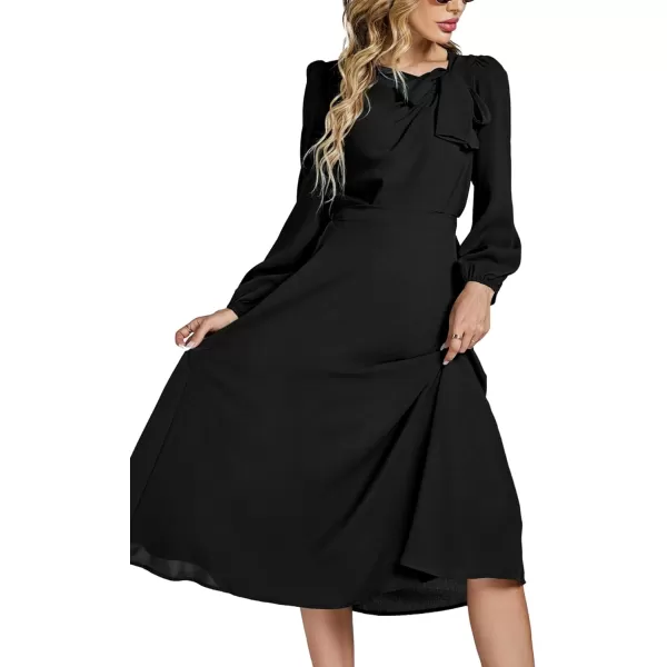 LYANER Women's Elegant Bow Tie Crew Neck Puff Long Sleeve A-Line Swing Midi Dress