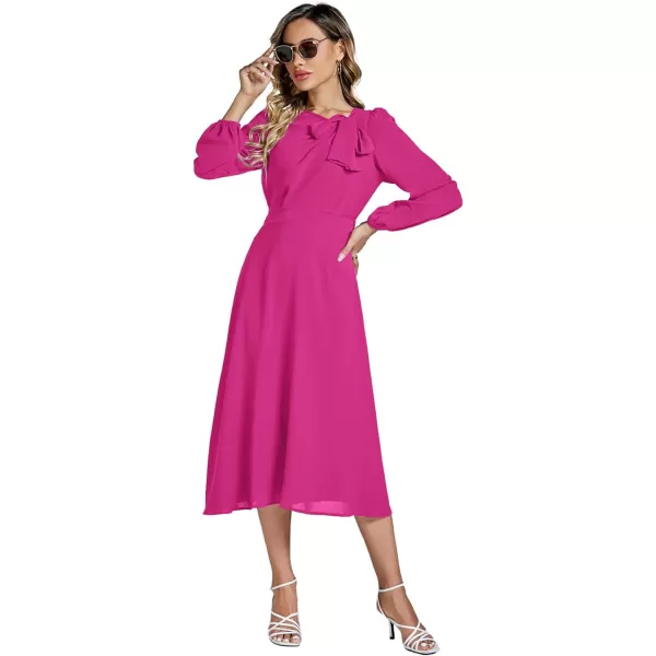 LYANER Women's Elegant Bow Tie Crew Neck Puff Long Sleeve A-Line Swing Midi Dress