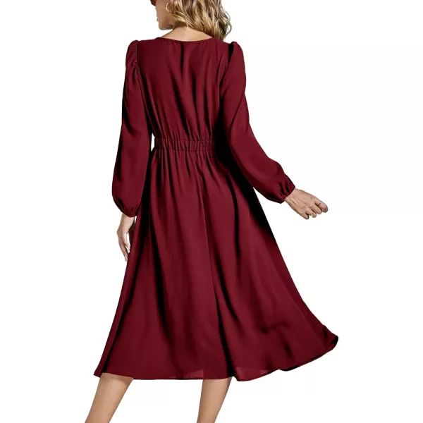 LYANER Women's Elegant Bow Tie Crew Neck Puff Long Sleeve A-Line Swing Midi Dress