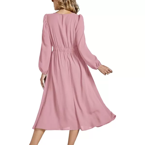 LYANER Women's Elegant Bow Tie Crew Neck Puff Long Sleeve A-Line Swing Midi Dress