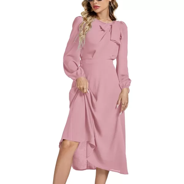 LYANER Women's Elegant Bow Tie Crew Neck Puff Long Sleeve A-Line Swing Midi Dress