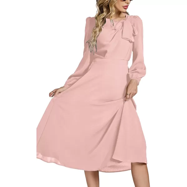 LYANER Women's Elegant Bow Tie Crew Neck Puff Long Sleeve A-Line Swing Midi Dress