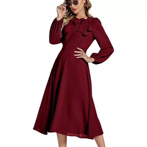 LYANER Women's Elegant Bow Tie Crew Neck Puff Long Sleeve A-Line Swing Midi Dress