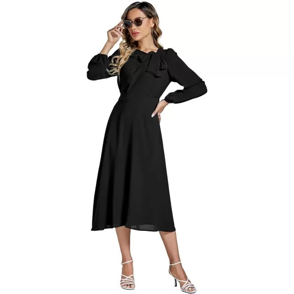 LYANER Women's Elegant Bow Tie Crew Neck Puff Long Sleeve A-Line Swing Midi Dress