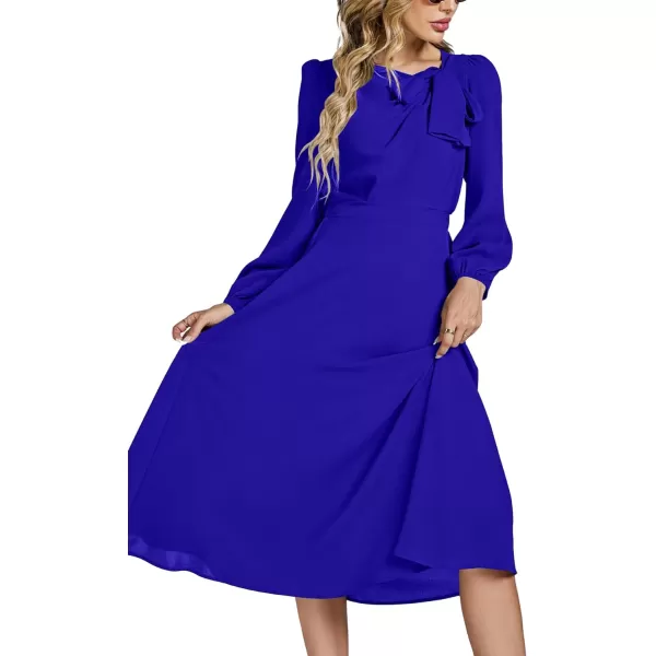 LYANER Women's Elegant Bow Tie Crew Neck Puff Long Sleeve A-Line Swing Midi Dress