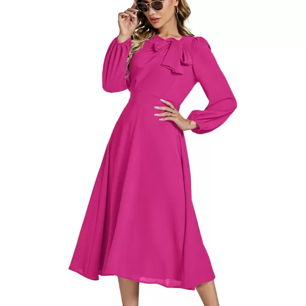 LYANER Women's Elegant Bow Tie Crew Neck Puff Long Sleeve A-Line Swing Midi Dress