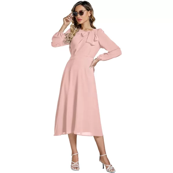 LYANER Women's Elegant Bow Tie Crew Neck Puff Long Sleeve A-Line Swing Midi Dress