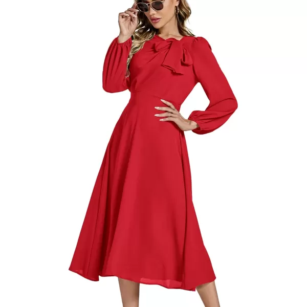 LYANER Women's Elegant Bow Tie Crew Neck Puff Long Sleeve A-Line Swing Midi Dress