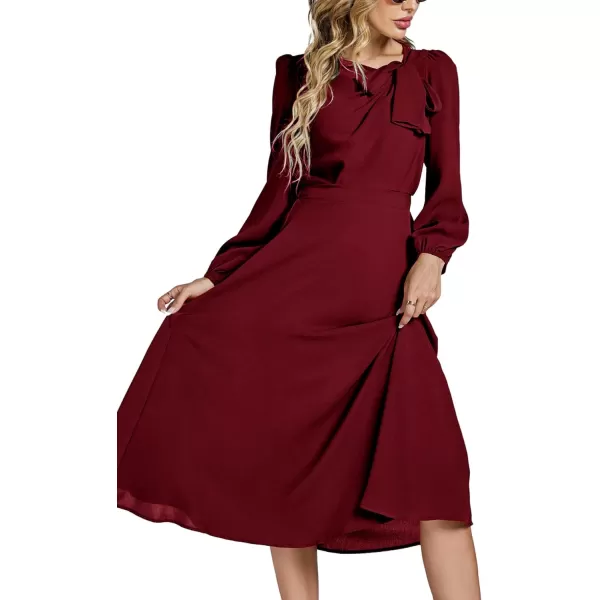 LYANER Women's Elegant Bow Tie Crew Neck Puff Long Sleeve A-Line Swing Midi Dress